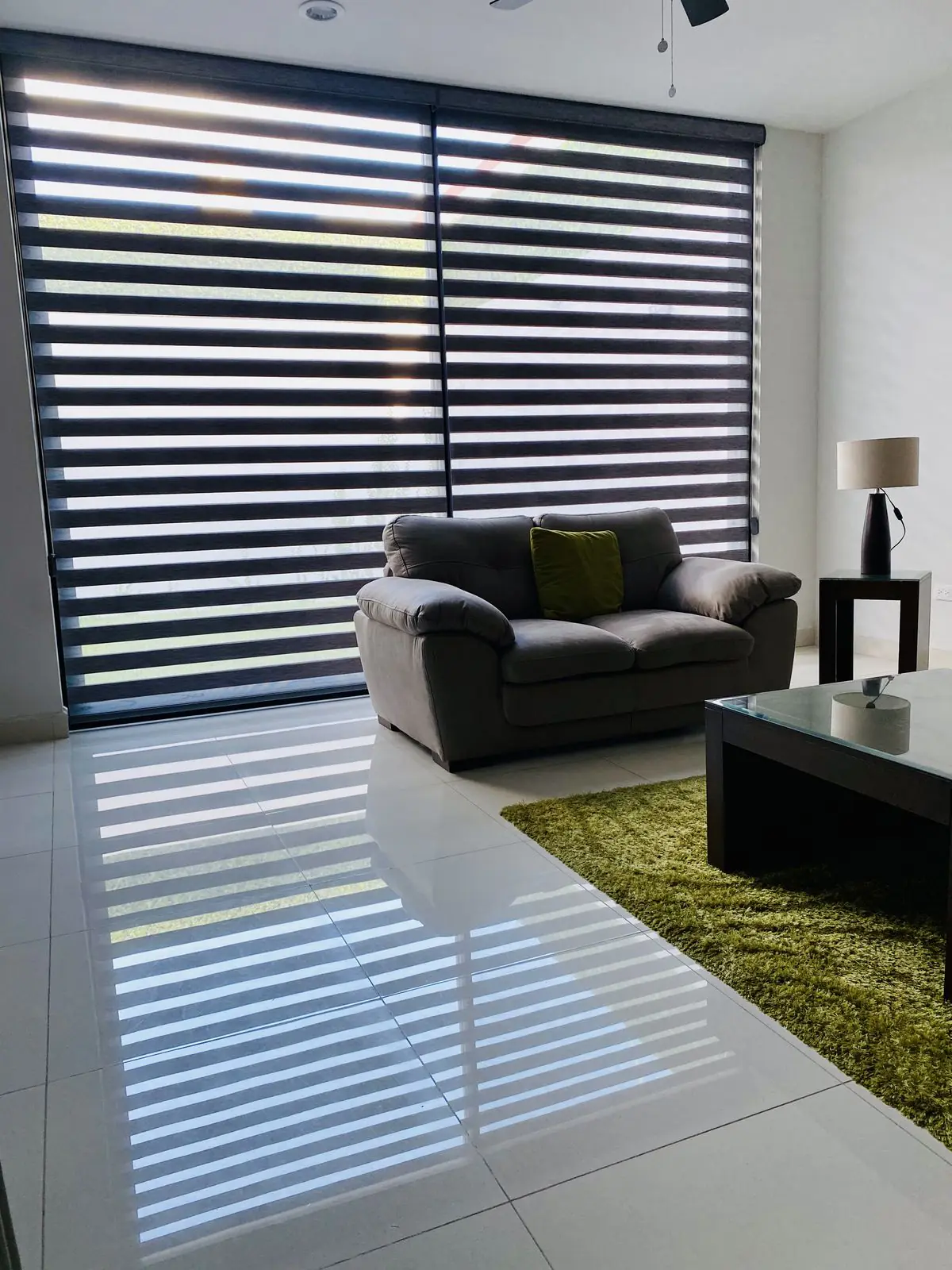Modern living room with zebra blinds.