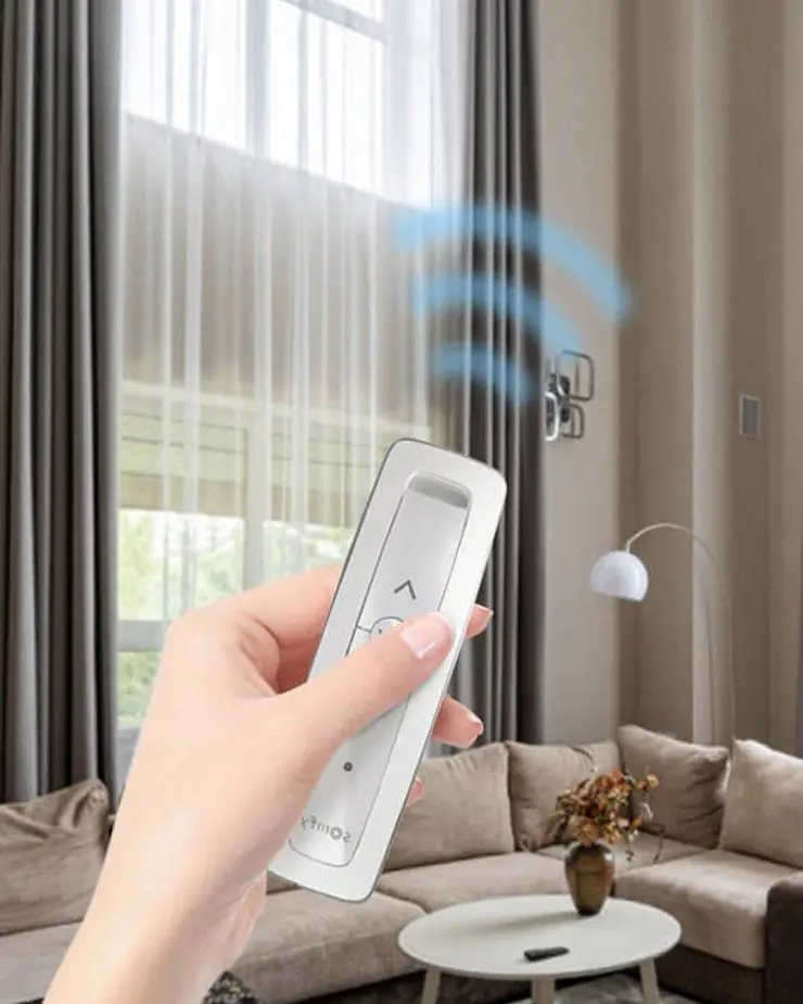 Smart Curtains for Home in a UAE apartment, ceiling track with motor and ripple fold drapery, morning automation running