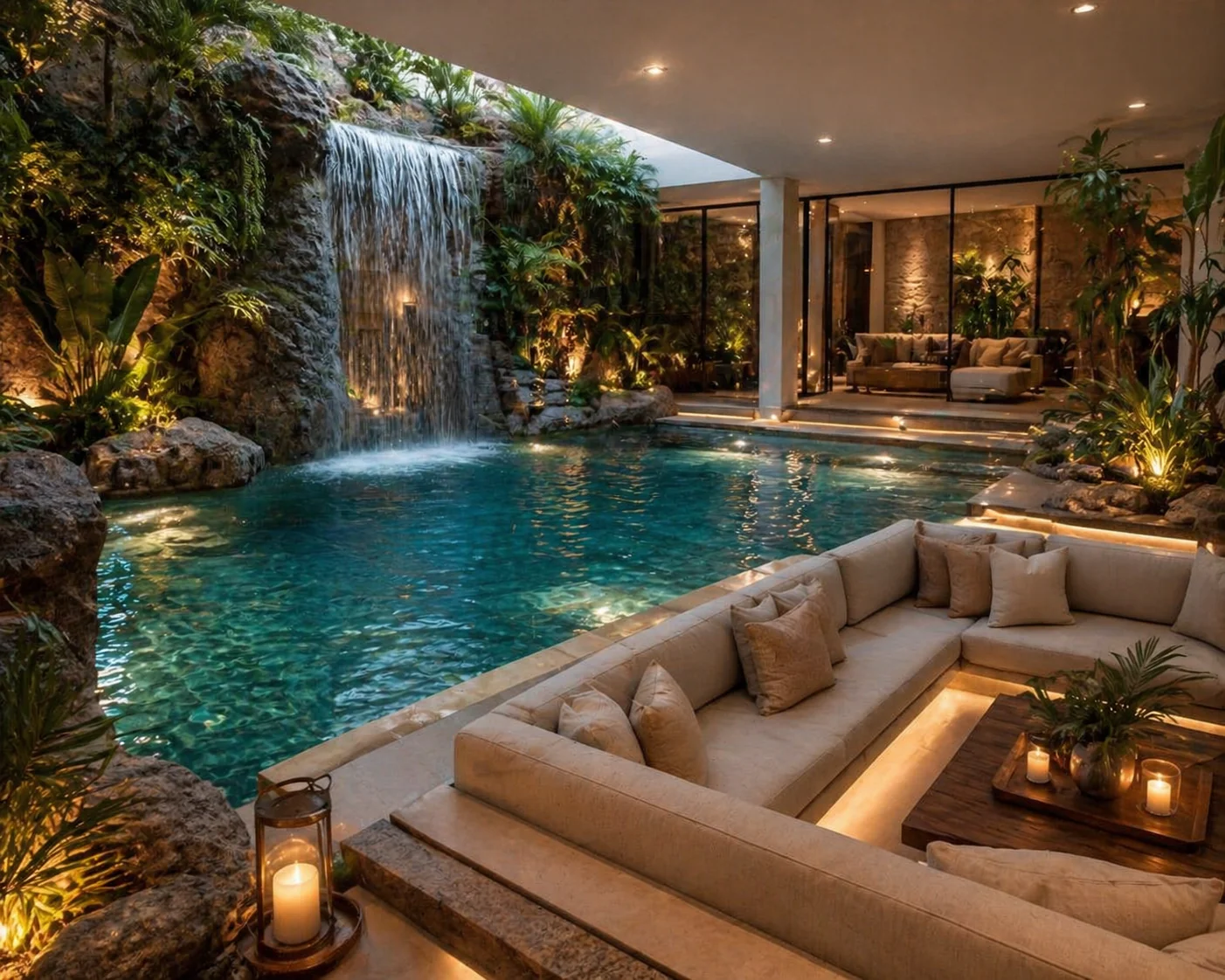 An Indoor Pool With Waterfall Design That Feels Almost Natural